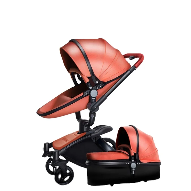 European Popular PU Leather Baby Jogger Stroller Front Rubber Wheel Lightweight Foldable pram Featuring Five-Point Safety Kids