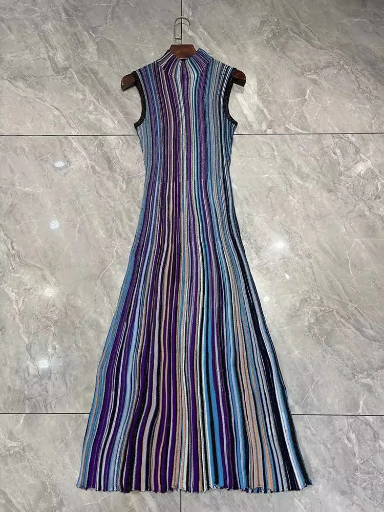 Vestido longo de malha de lã de alta qualidade, linha dourada, listras, bloco de cores, ajuste fino ao tornozelo, meia gola alta, camada de base, vestido feminino