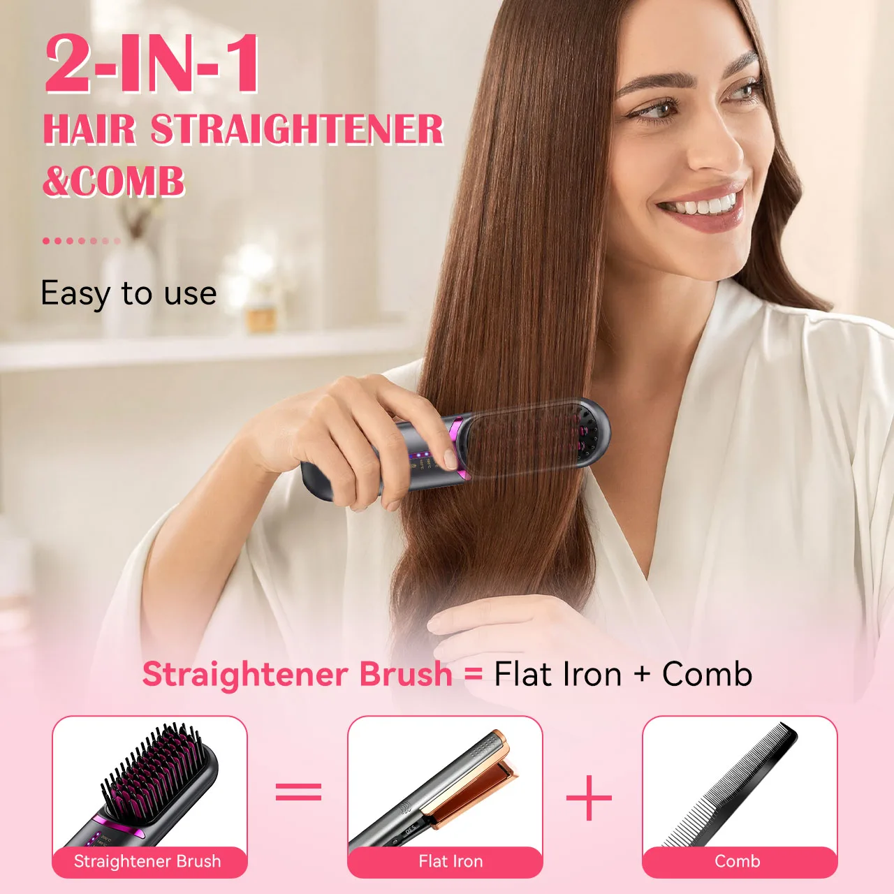 Hatteker Wireless Portable Travel Hair Straightening Comb Three Temperature Settings Volumizing Root Straight And Curl Dual Use Hot Air Comb - view 3