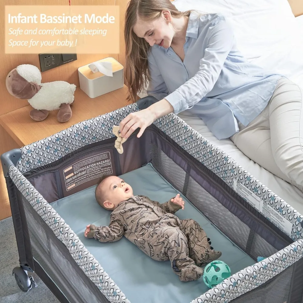 5 in 1 multifunktion ales Pack and Play, faltbares Qutanix-Babybett mit Stuhlgang, Wickelt isch, Neugeborenen-Napper mit Baldachin