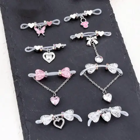 Dangle Fake Nipple Piercing Pink Heart Fake Nipple Rings Silicone Y2K Nipple Rings Pacifier Heart CZ Bow Body Piercing Jewelry