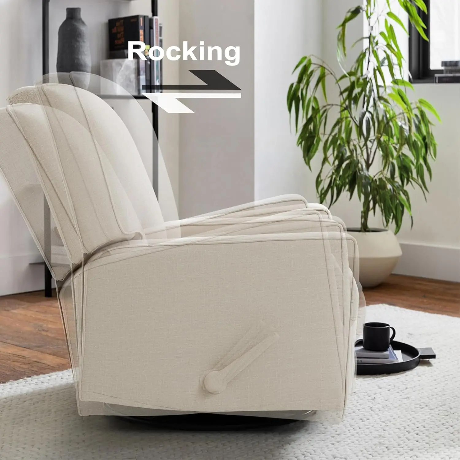 Swivel Rocker Recliner Chair, Fabric Rocking Chair with High Back, Deep Comfy Seat, for Living Room, Bedroom, Beige