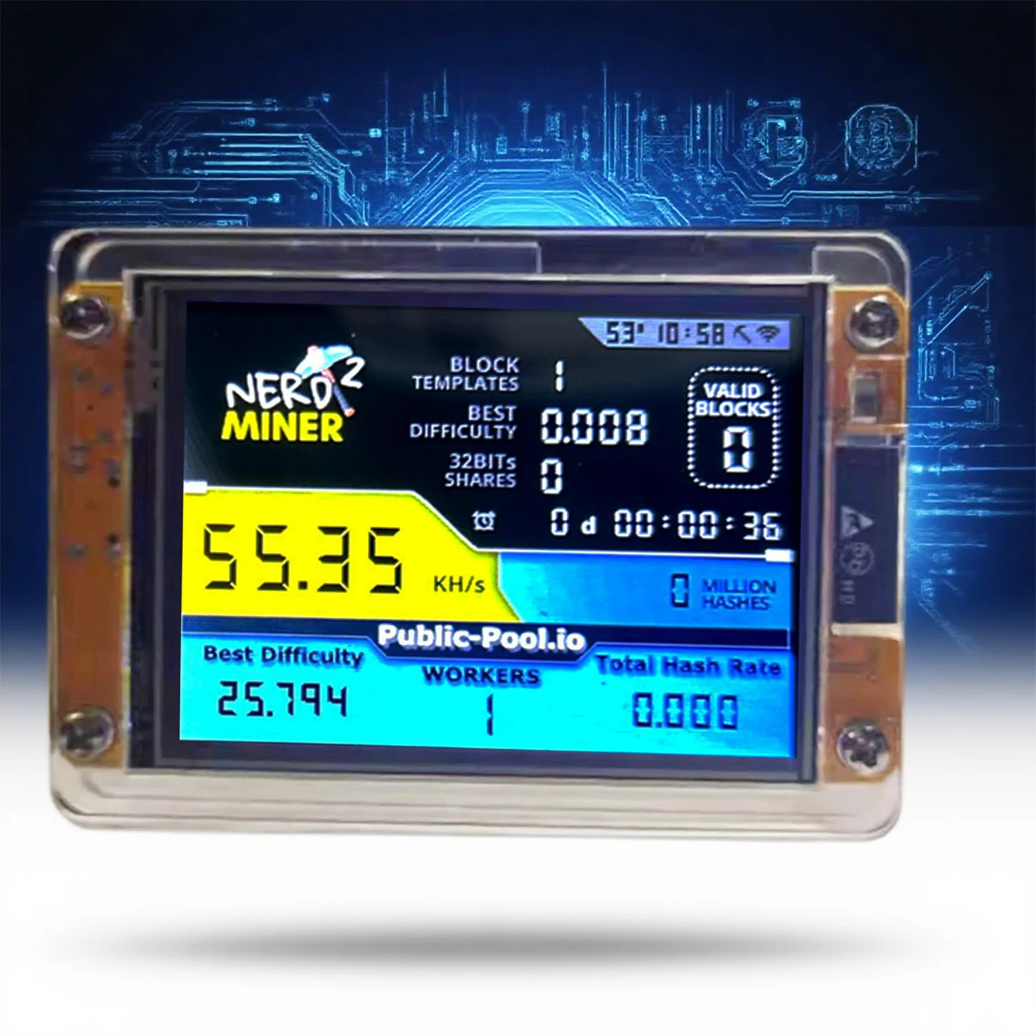 NerdMiner V2 ハッシュレート、スマート ディスプレイ、暗号ソロ、宝くじ、Nerd Miner、ビットコイン マイナー ESP32-2432S028R、49 k/S、2.8 インチ