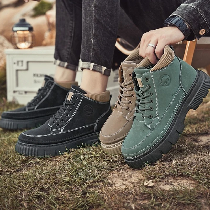 

Men's Trendy Autumn and Winter New Round-toed Flat Solid Color Retro Style High-quality Lace-up Outdoor Workwear Hiking Boots