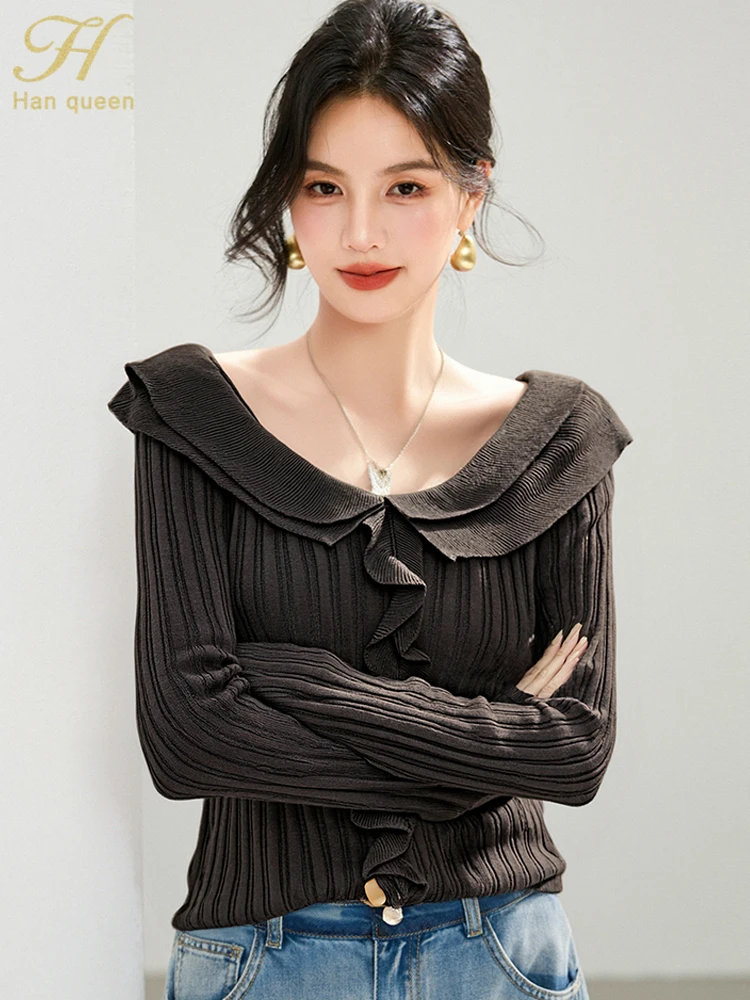 

H Han Queen Autumn Women's Clothing Ruffles Korean Fashion Base Pullovers Sweaters Long Sleeve Elegant Vintage Work Casual Tops