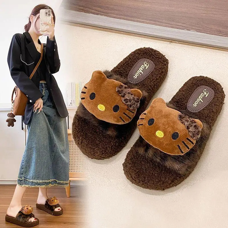 

Sanrio/тапочки с героями мультфильмов для молодых девушек, модная домашняя обувь Kawaii с леопардовым принтом для девочек, мягкая износостойкая подошва на четыре сезона