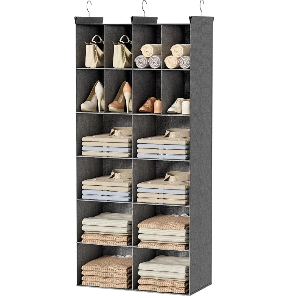 

6 Tier Hanging Closet Organizer, 16 Compartments Sweater Organizer For Closet With 3 Sturdy Hooks, Closet Organizers And