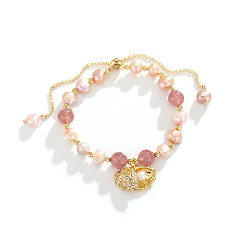 100 % rosa Süßwasserperle und Erdbeerquarz, trendiges Muschel-Design, 14 Karat Gold gefüllt, weibliche Charm-Armbänder für Frauen, Geschenke – Detail 7