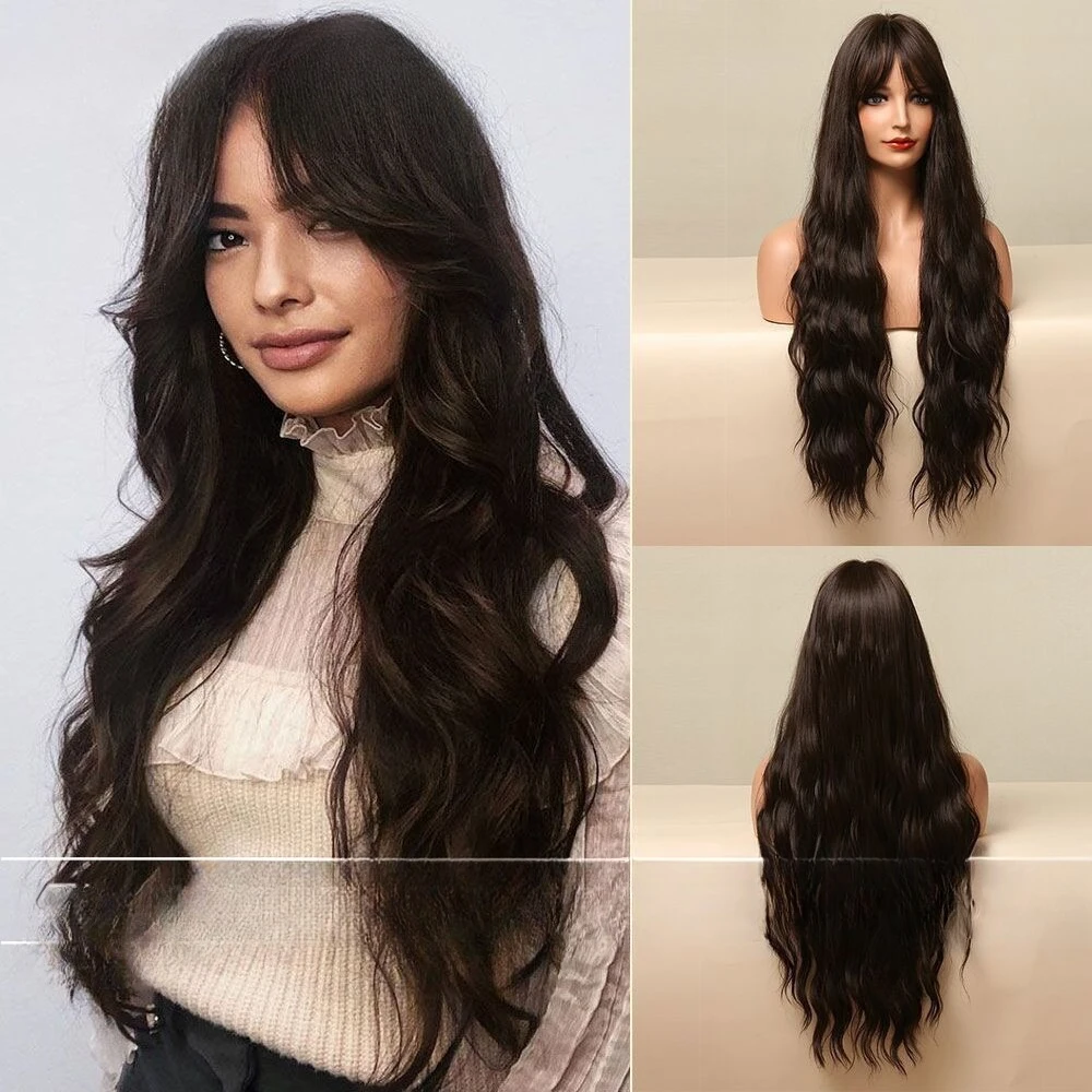 

European and American wig female black brown bangs long curly hair wig high temperature silk cosplay headgear