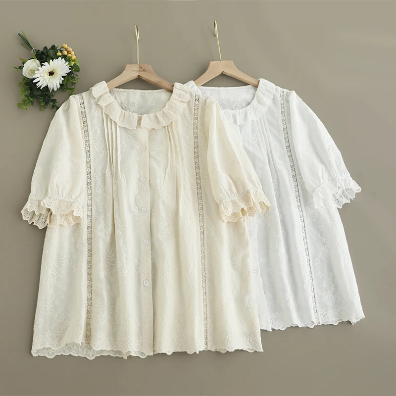 

Spring Summer Sweet Solid Color Hollow Out Embroidered Shirt Women Short Sleeve Casual Shirts W25028