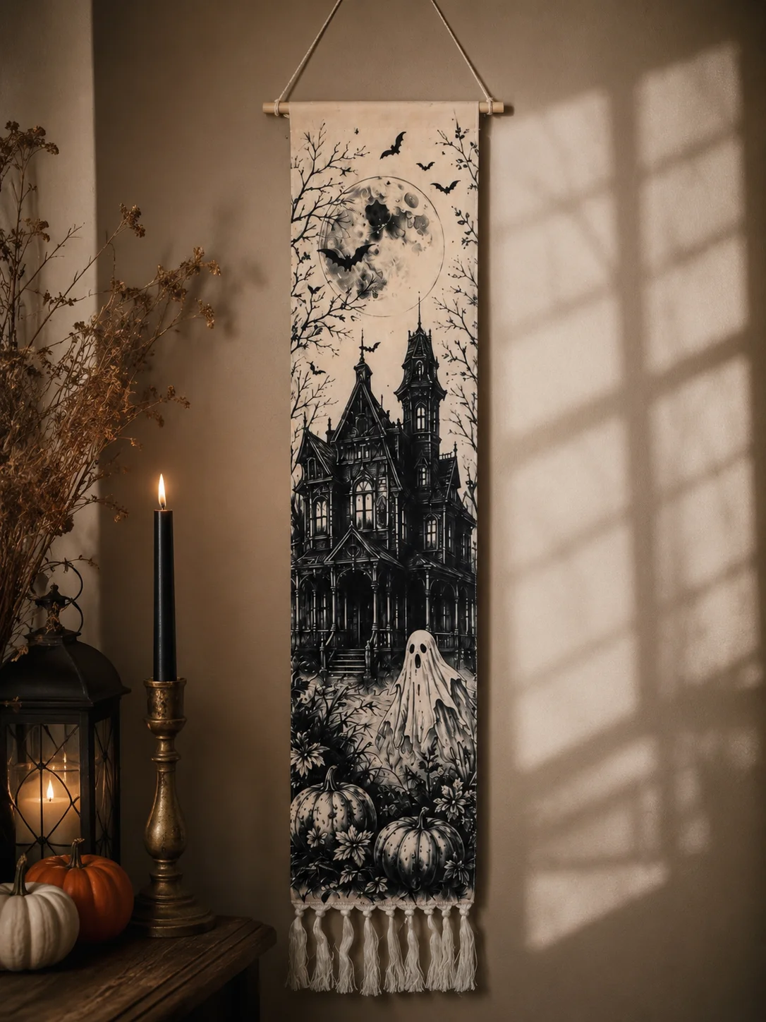 Halloween-Wandteppich mit Quasten, Gotische Hexe, Schwarze Katze, Krähe, Geisterhaus, Totenkopf-Druck, Vintage Grusel-Wandbehang Deko – Detail 10
