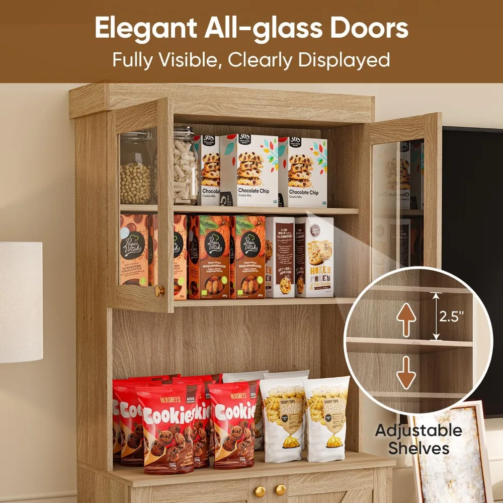 

71" Farmhouse Kitchen Pantry Cabinet Set of 2,Brown Freestanding Coffee Bar Hutch with Glass Doors, Drawers & Adjustable Shelves