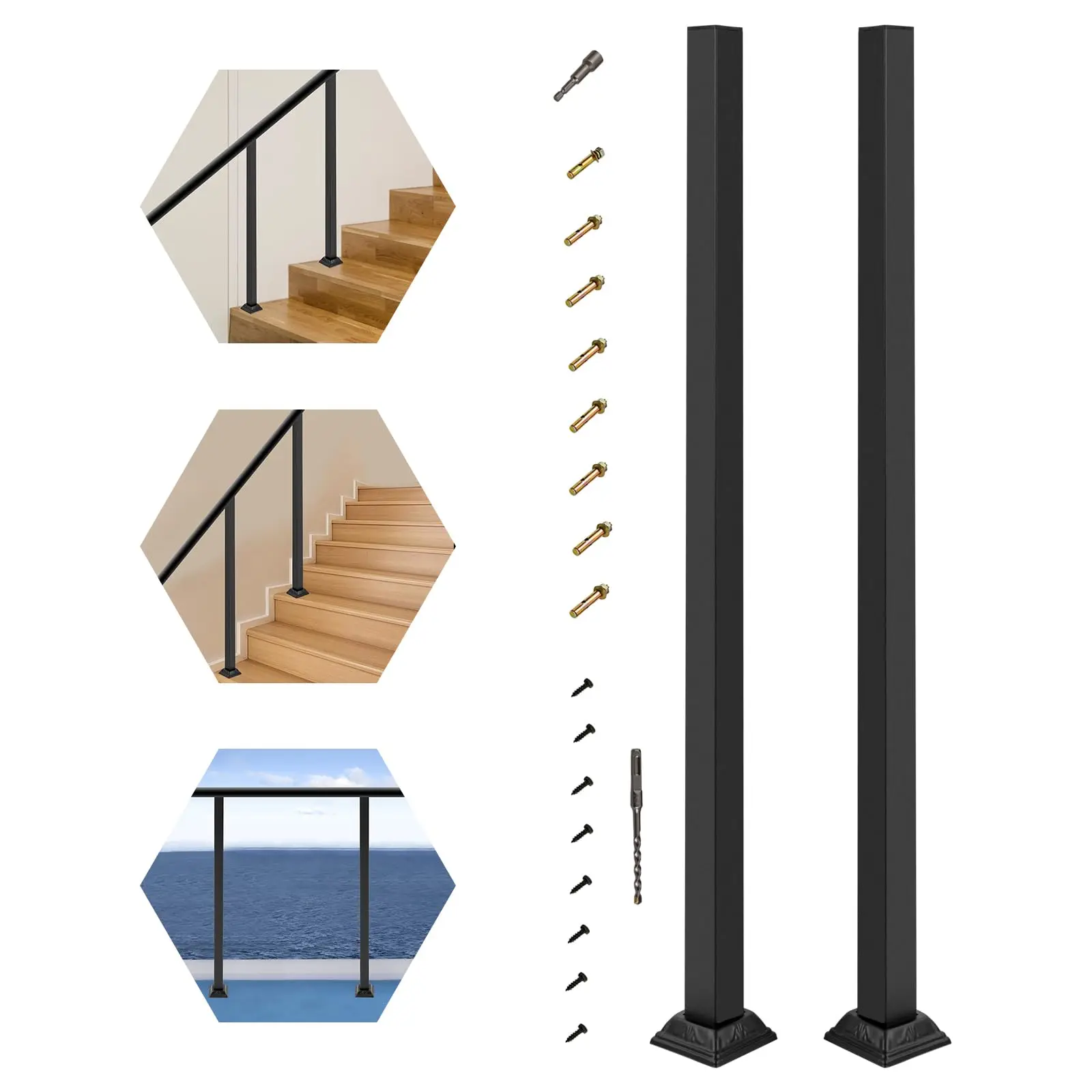 2Pcs Deck Railing Wrought Iron Handrail Post Kit, Stair Balusters Posts, Handrails for Outdoor Steps, Stair Handrail Railing for