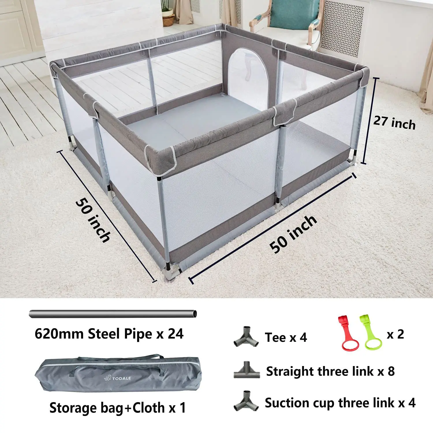 Baby Playpen 50”×50” Gray Playpen for Babies & Toddlers, Safe & Sturdy, Small Baby Play Yard w/ Anti-Slip Base & Breathable Mesh