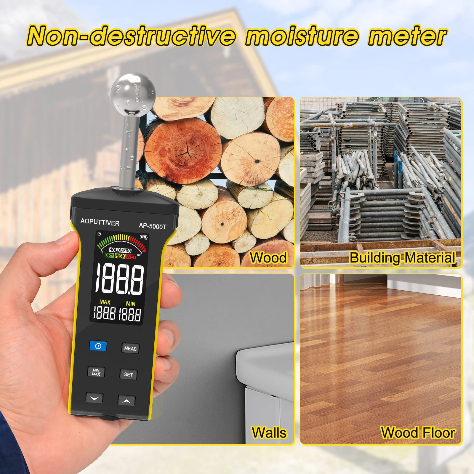 Pinless Moisture Meter Wood Drywall, Inductive Moisture Detector with Alarm, Non-Destructive Moisture Level Detector BT-5000T