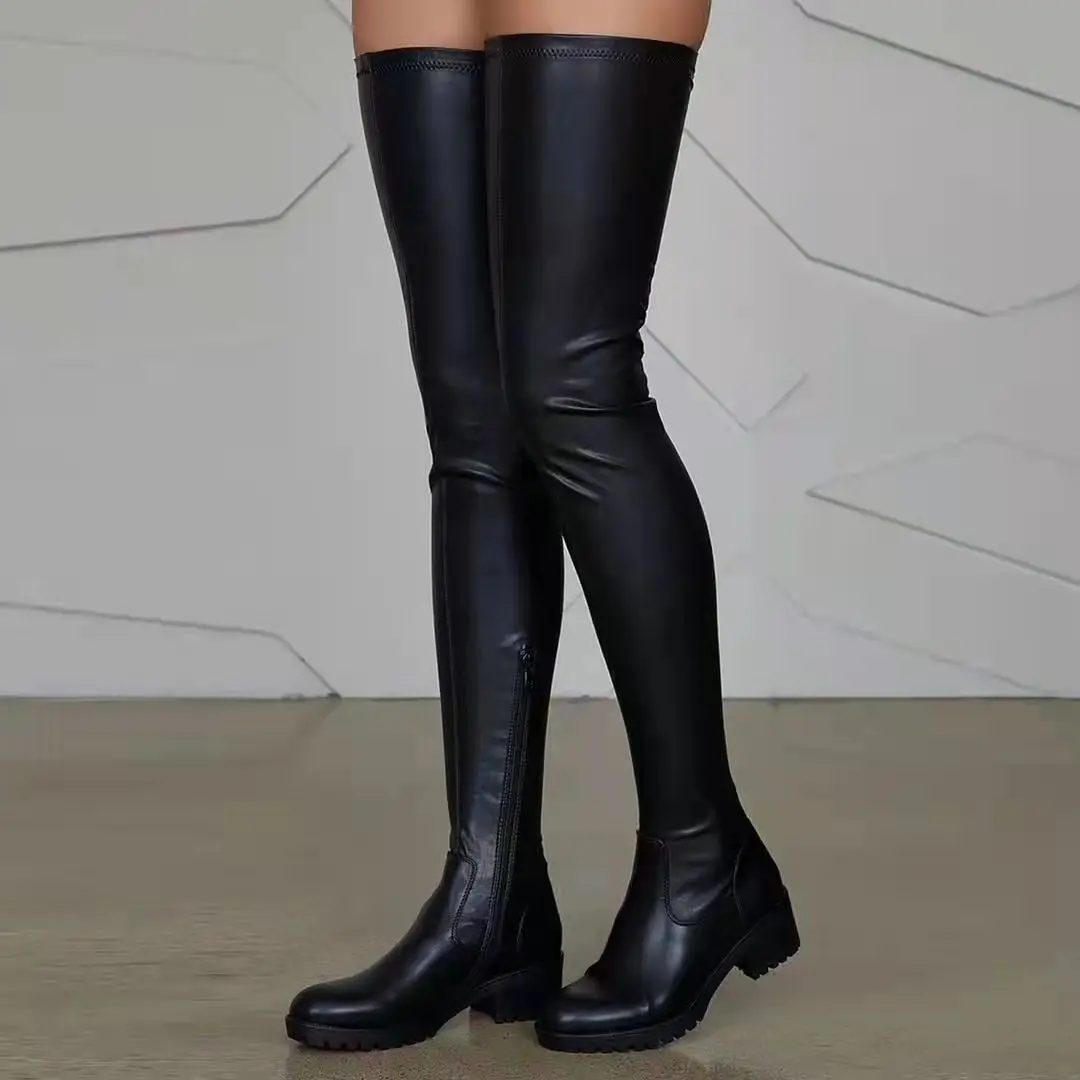 

Black Red Pu Material Women Over The Knee Boots 2022 Autumn Winter Fashion Straight Thigh Boots Comfortable Winter Boots Women