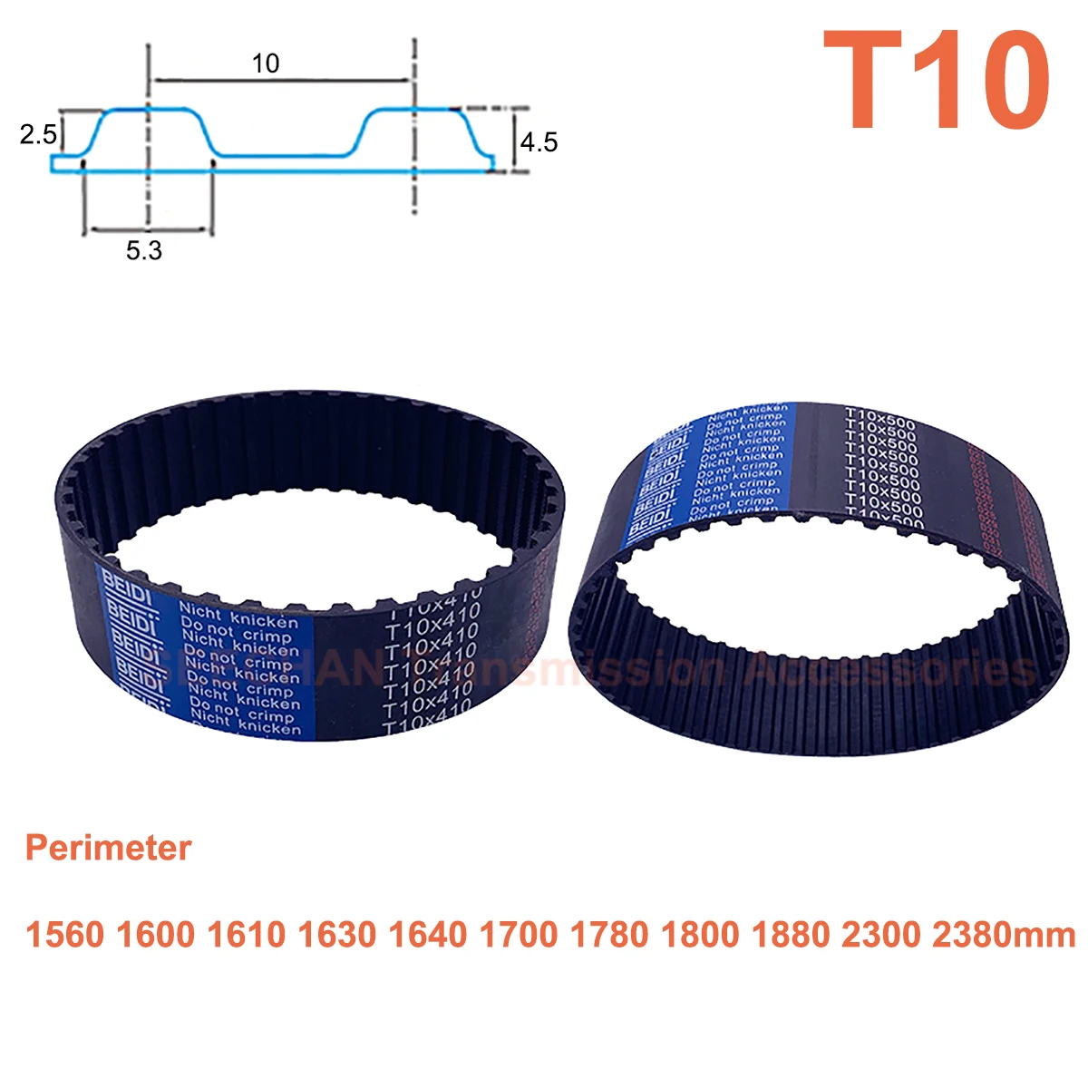 

Trapezoid T10 Synchronous Belt Perimeter 1560mm - 2380mm Rubber with Fiberglass Core Width 15/20/25/30/40/50mm Timing Belt