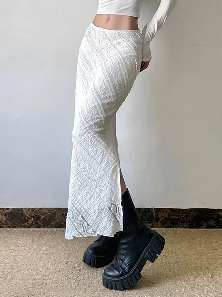 Elegante Weiße Spitze Langen Rock Frauen Vintage Schlank Sexy Schlitz Streetwear Röcke Sommer Retro Hohe Taille Design Dame Langen Rock