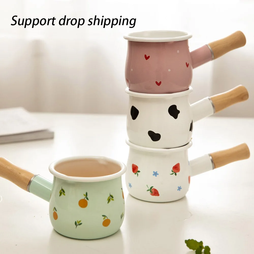 500ml Enamel Coffee Milk Pot With Wooden Handle Saucepan Cookware For Oatmeal Butter Cooking Pan Non Stick Gas Stove Induction