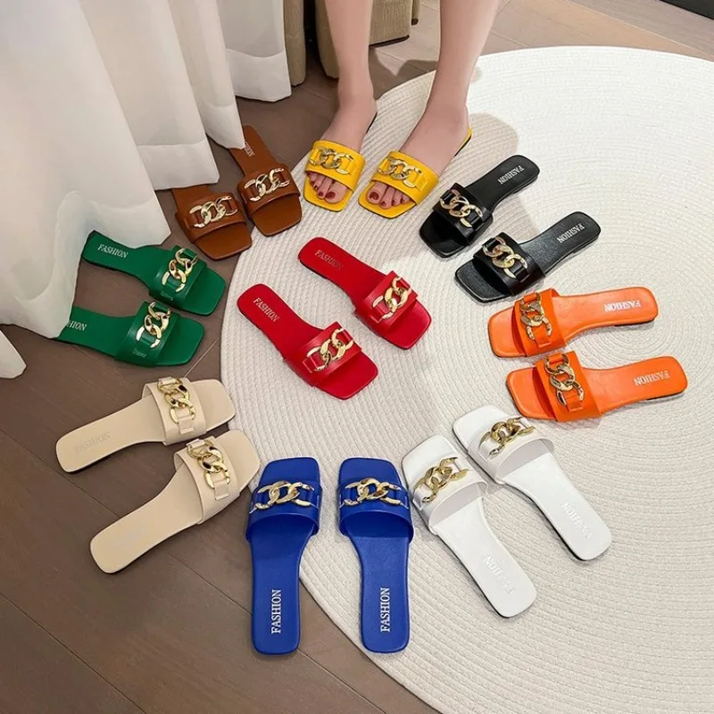 Summer Flat Bottom One Word Fried Dough Twists Buckle Square Head Large Color PU Leather Versatile Slippers Beach Shoes