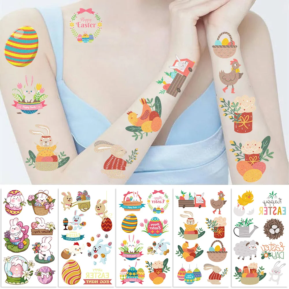 10Sheets Cartoon Easter Temporary Tattoo Sticker Cute Bunny Easter Egg Pattern Easter Gift Decoration Sticker﻿