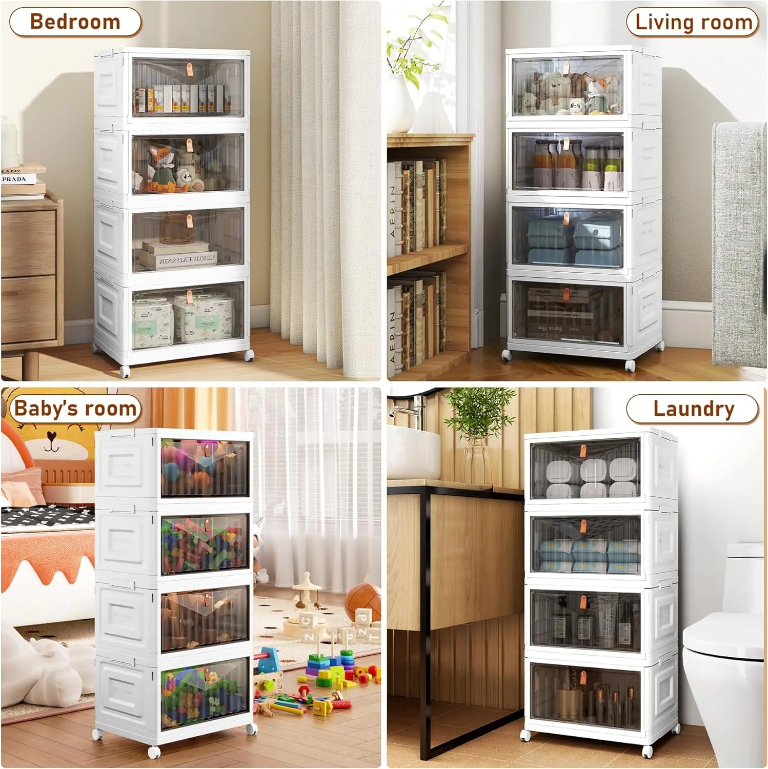 4-Tier Heavy-Duty Plastic Folding Storage Cabinet with Lid - Foldable & Stackable Shelving Unit, Wheeled Container Suitable