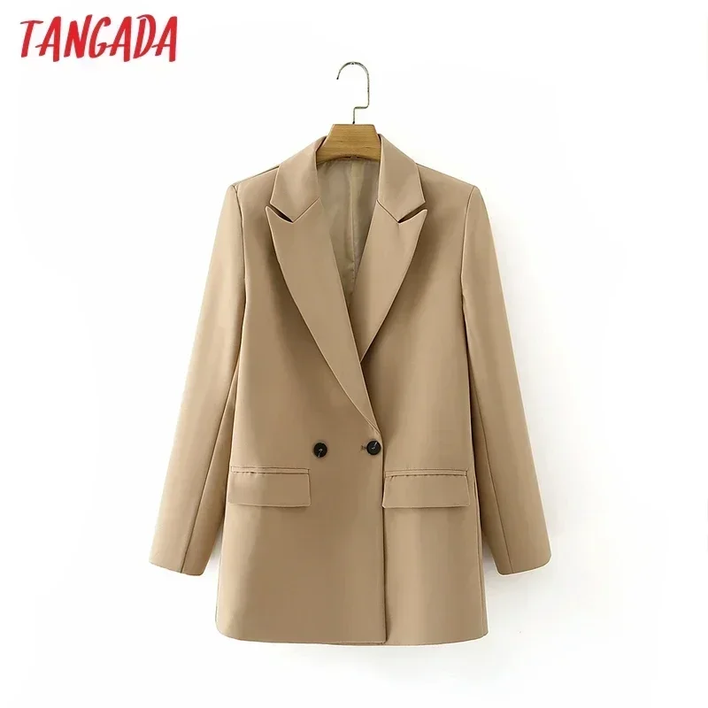 Tangada Women Khaki Blazer Coat Vintage Notched Collar Pocket 2023 Fashion Female Casual Chic Tops DA02