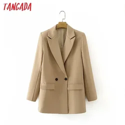 Tangada Women Khaki Blazer Coat Vintage Notched Collar Pocket 2023 Fashion Female Casual Chic Tops DA02