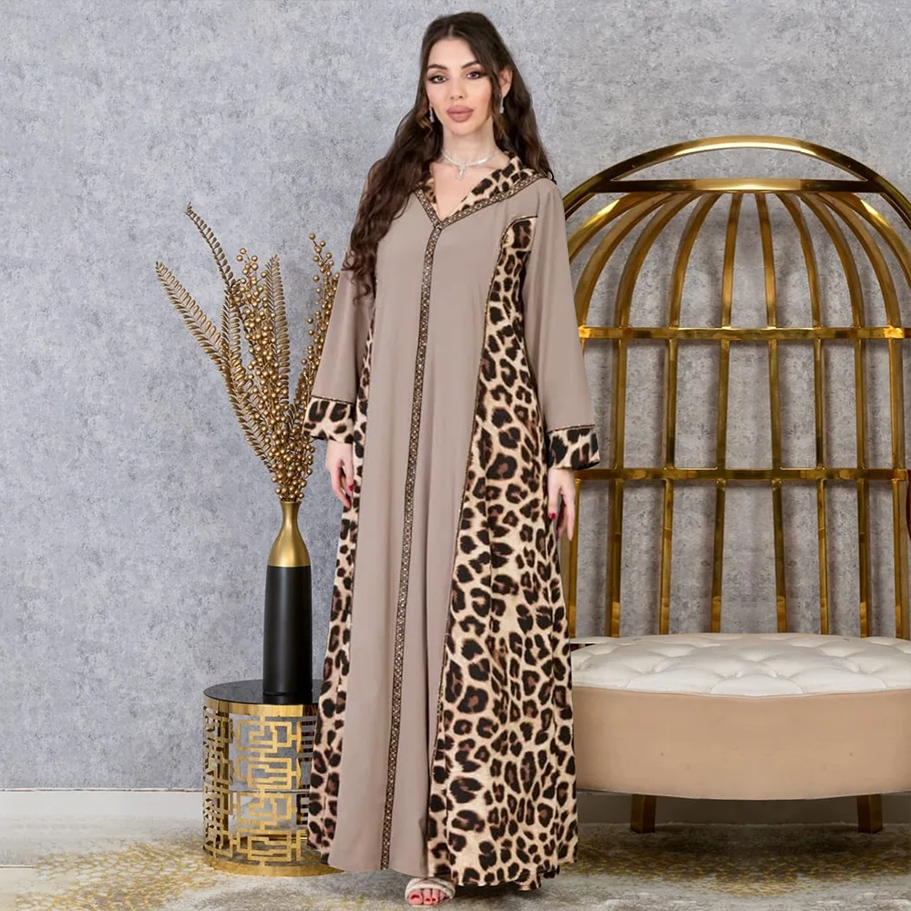 

Arab Elegant Long Dress Women's V-neck Leopard Print Color Matching Long-sleeved Dress Abaya Robe