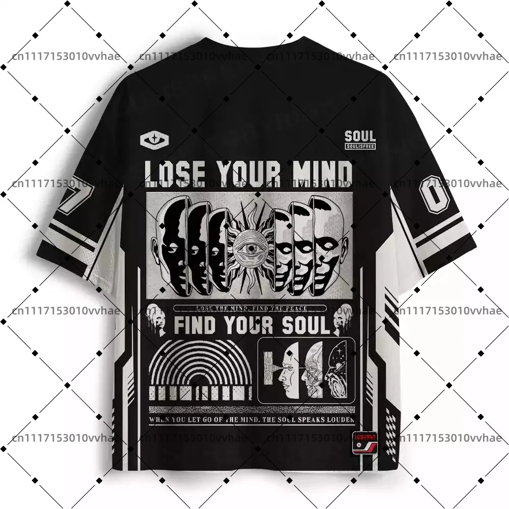 Lose Mind, Find Soul Mesh Jersey Design Digital Print V-Neck T-Shirt Comfortable Sports Short Sleeve