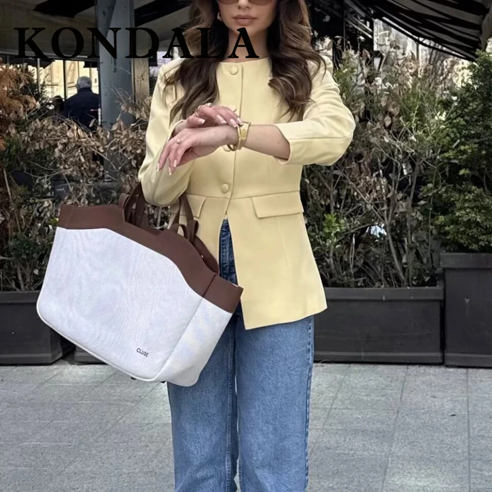 

KONDALA шикарный однотонный модный осенний элегантный уличный женский пиджак 2023 года, однобортный пиджак с круглым вырезом и тонкими карманами, повседневная куртка