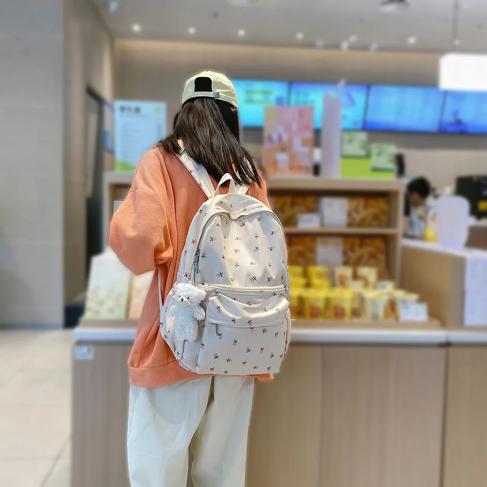 Mochila com estampas florais com pingente, mochila universitária para meninas, mochila escolar de grande capacidade, mochila estética para computador