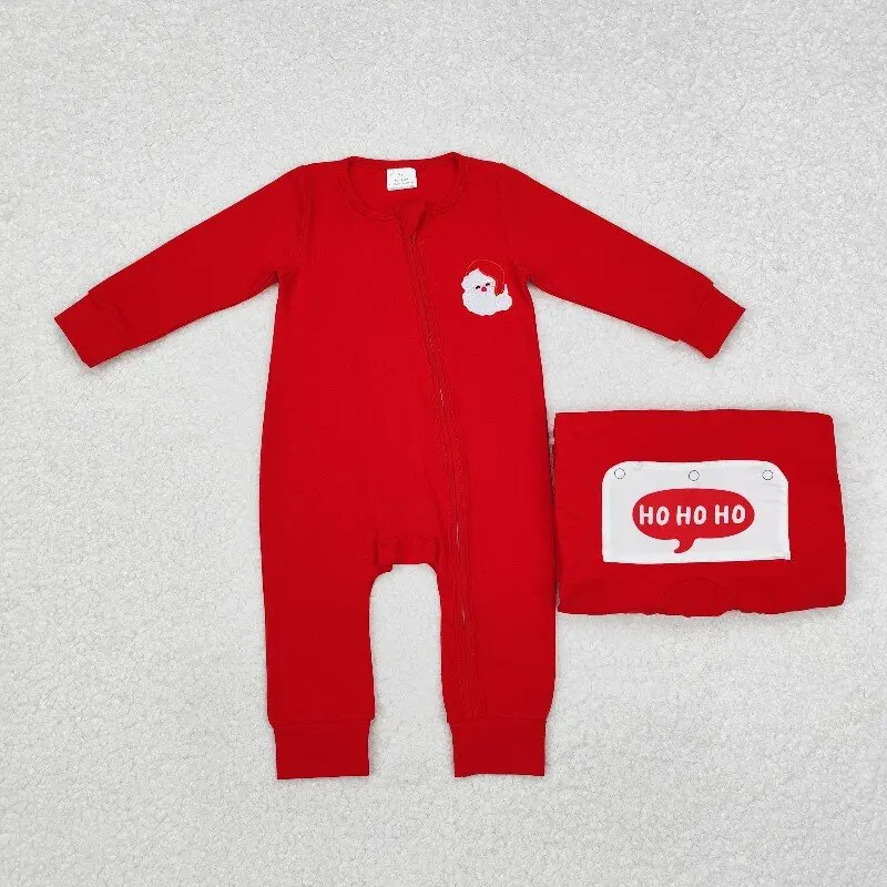 8.19y Christmas baby boys wholesale boutique romper hoho embroidered Santa Claus red zipper long-sleeved jumpsuit