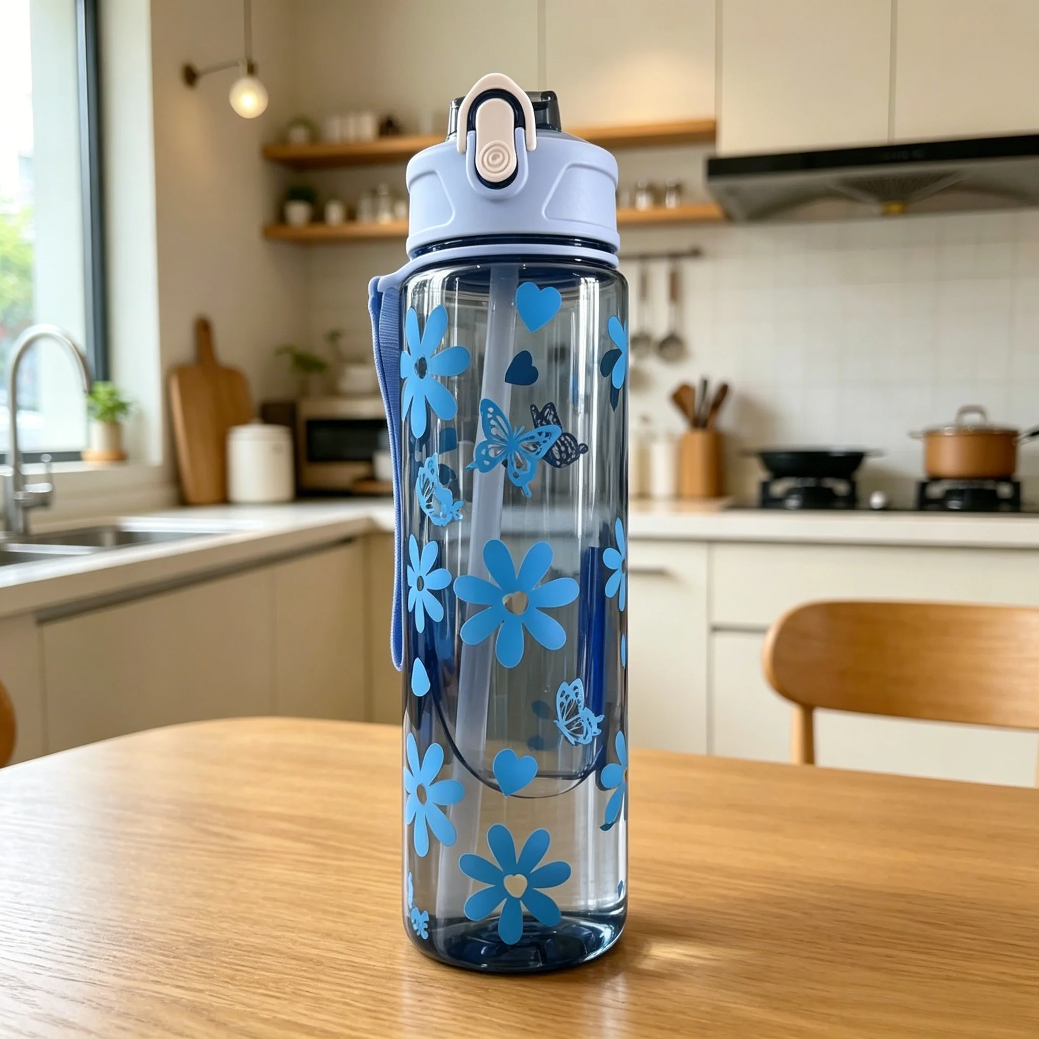 Water Bottle with Full Print of Flowers and Bowknot Patterns, Trendy & Stylish, Lightweight with Portable Lanyard, Durable image 5