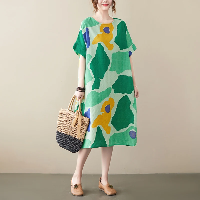 Grande taille femmes coton lin Midi Dr été nouveau Sle genou longueur artistique Vintage imprimé fleuri décontracté confortable Dr