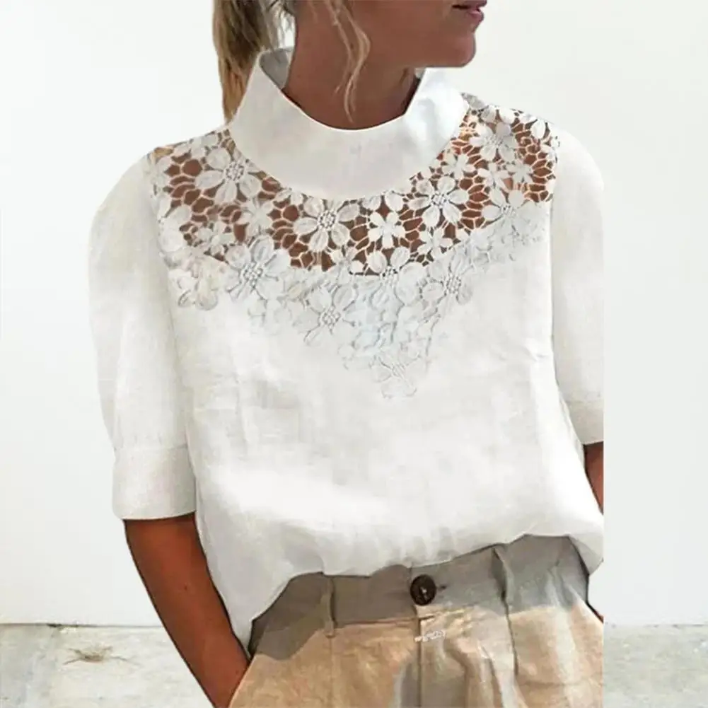 Vintage Spring Summer White Tops Mujer Casual Lace Patchwork Women Cotton Linen Blouses Chic Leisure Stand Collar Blouse Tunics