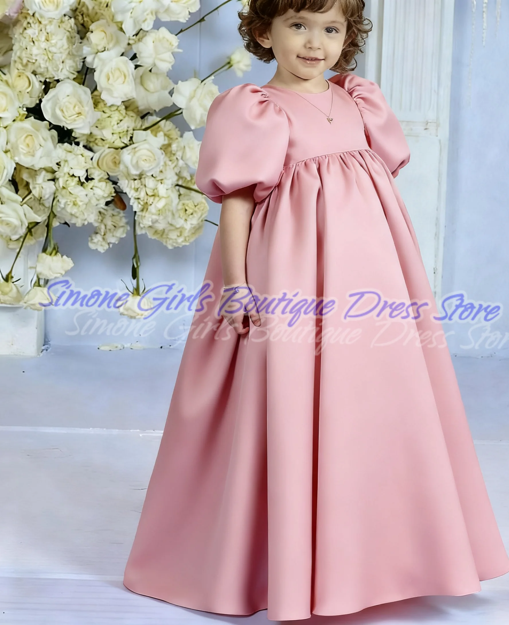 فستان وردي منفوش برقبة دائرية وأكمام قصيرة فستان فتاة الزهور لحفلات الزفاف والاحتفالات والعطلات وعروض الرقص