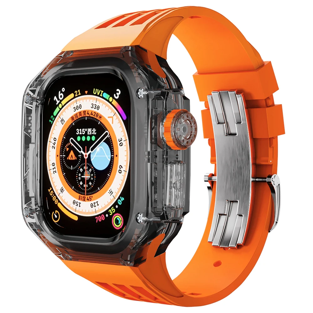 Transparent Case Modification Kit For Apple Watch Band 45mm 44mm Retrofit Kit Rubber Bracelet Strap iWatch 8 7 6 5 4 SE Kit Belt