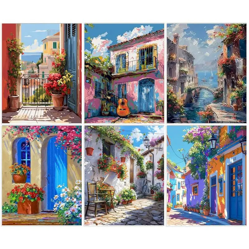 

Набор для рисования по номерам «Цветочная улица и дворик»: акриловые краски, рамка, картина для раскрашивания по номерам, настенное искусство, ручная роспись