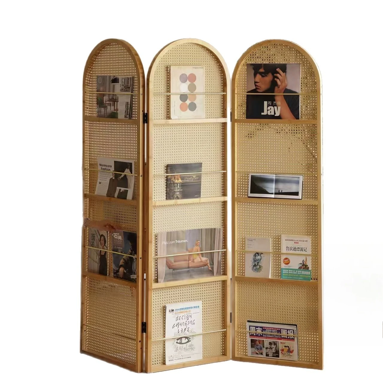 Medium and retro mobile rattan folding screen living room bedroom entrance front door French partition storage bookshelf