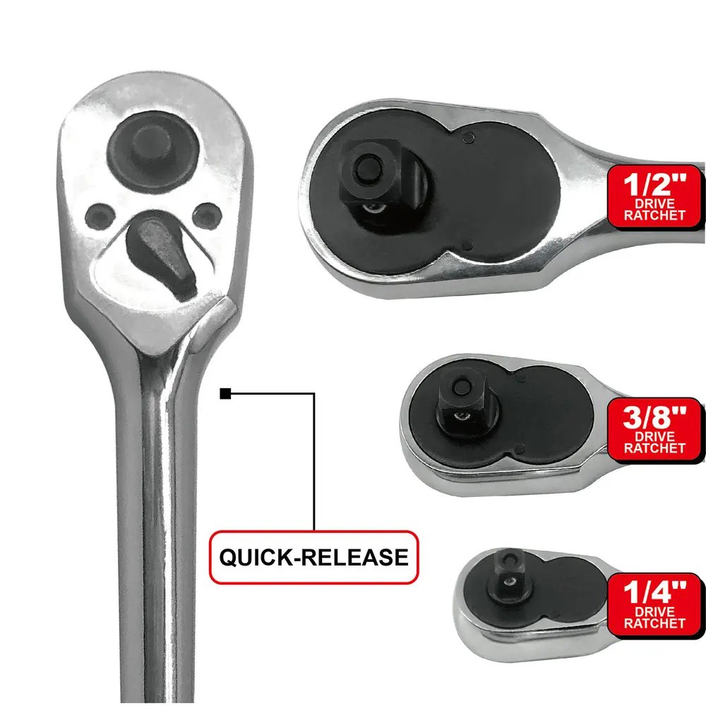 3 Pcs 72 Teeth Ratchet Handle Quick Release Narrow Place Using  1/4“ 3/8” and 1/2“ Drive