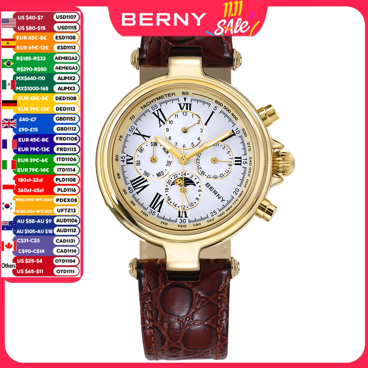 BERNY Retro Automatic Men's Watch Sun&Moon Phase Luminous ST1652 Classic Genuine Leather Luxury Mechanical Men's Dress Watches