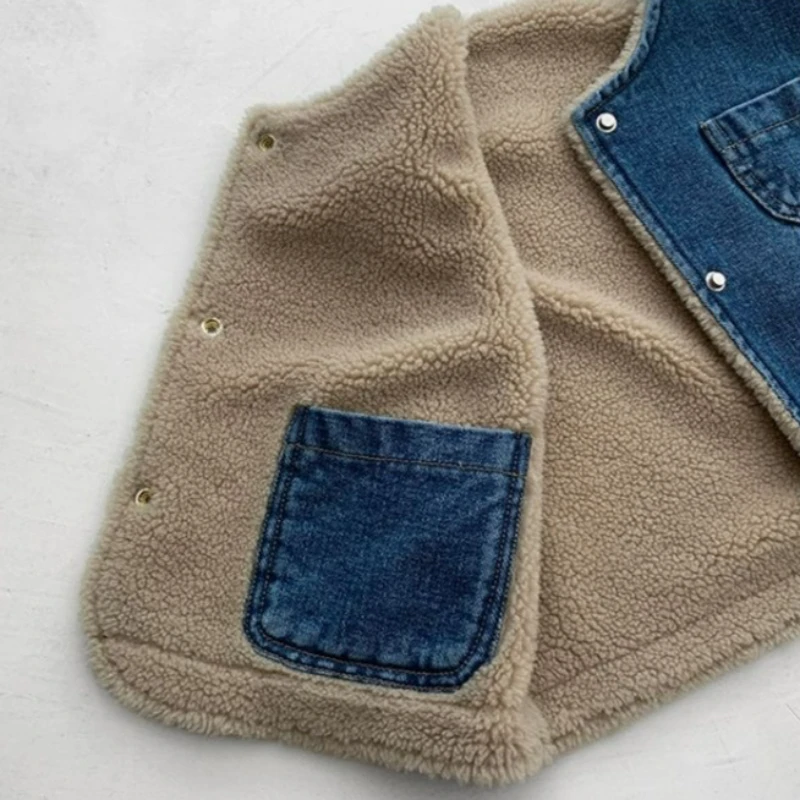 Unisex Kids Denim Vest 2026 Winter New Fleece Lined Warm Thick Waistcoat Outerwear For Toddler Boys Girls