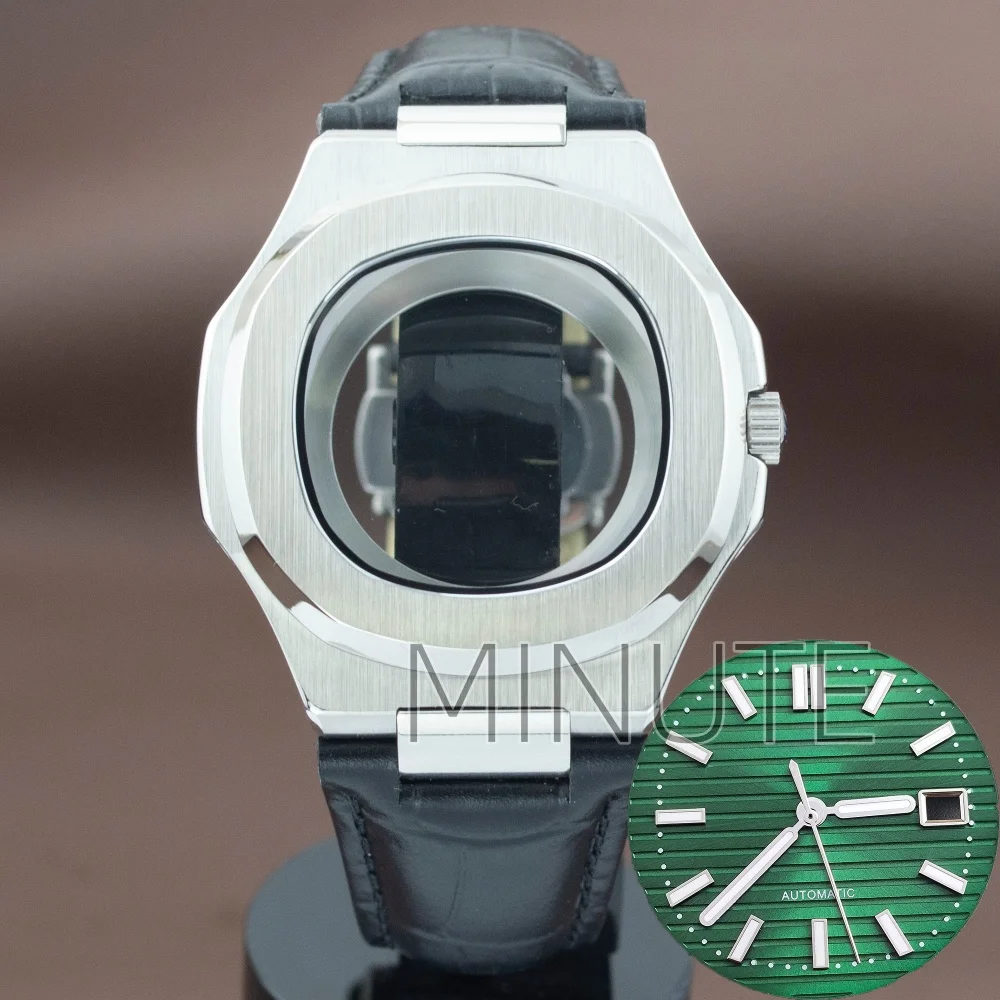 

41mm Silver 316L Steel Watch Case Sapphire Crystal For NH35 NH38 Movement 30mm Dial Genuine Leather Strap Modified Nautilus Case