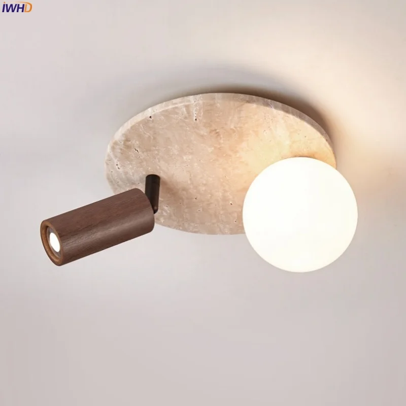 

IWHD Mid Century Modern LED Ceiling Light Bedroom Children's Room Home Lighting Yellow Travertine Ceiling Lamps Lamparas Techo