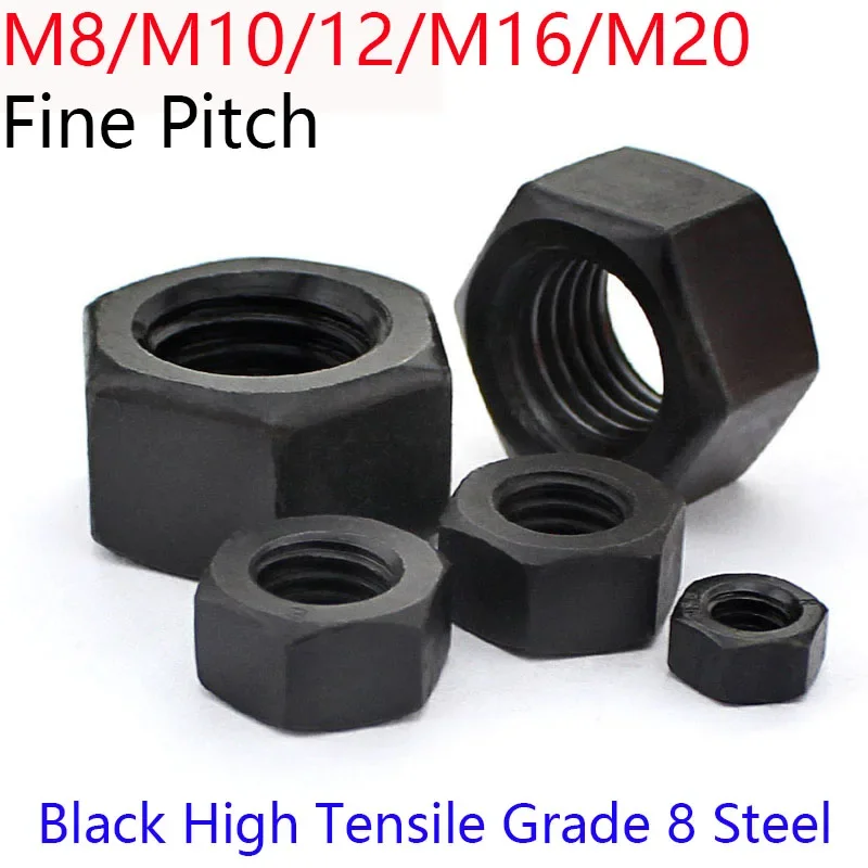 M8 M10 M12 M14 M18 M20 Шестигранные шестигранные полные гайки с мелкой резьбой - черная высокопрочная сталь класса 8