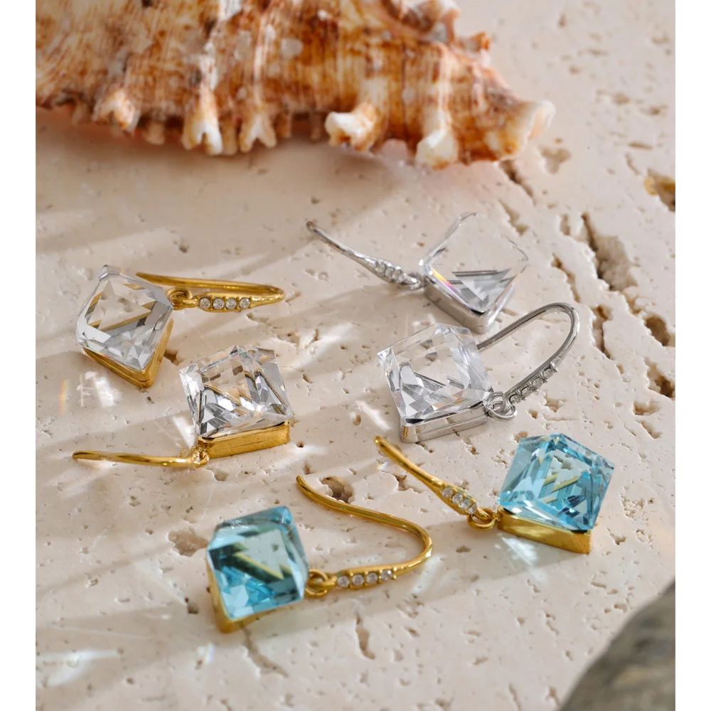 Yhpup Stainless Steel Waterproof Shiny K9 Crystal Square Drop Chic Earrings for Women High Quality Exquisite Daily Style Jewelry