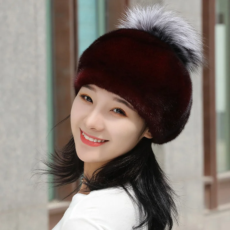 New Mink Velvet Beret for Women Autumn Winter Fox Fur Pompom Hat Beret Ladies Hat Elegant Winter Outdoor Windproof Warm Hat