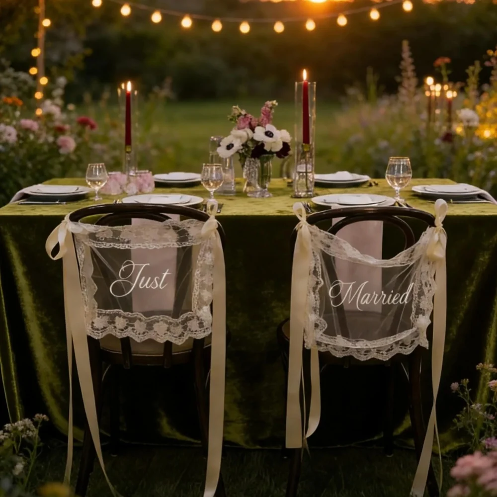 2 Stück personalisierte Spitzen-Stuhlschilder „Just Married“ für Braut & Bräutigam, transparente Spitzen-Schilder, individuelle Hochzeits-Stuhlbanner – Detail 4