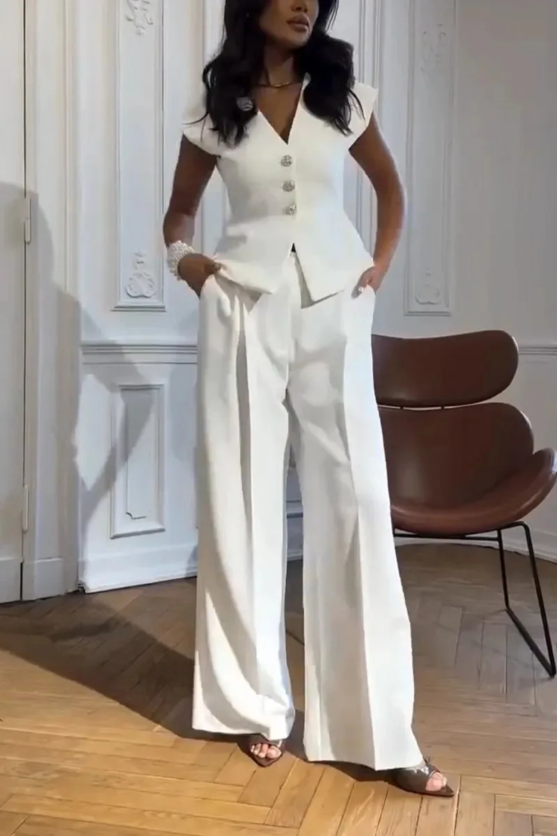 

Fashion Solid Color Button Sleeveless Shirt And High Waist Trousers Suit Women Summer Loose Shirt Trousers Pocket Suit For Women
